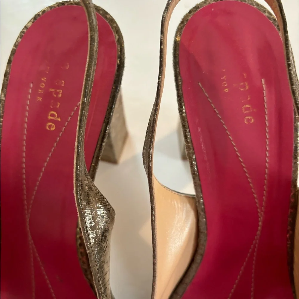 KATE SPADE Gold Metallic Sling Back Block Heels 8